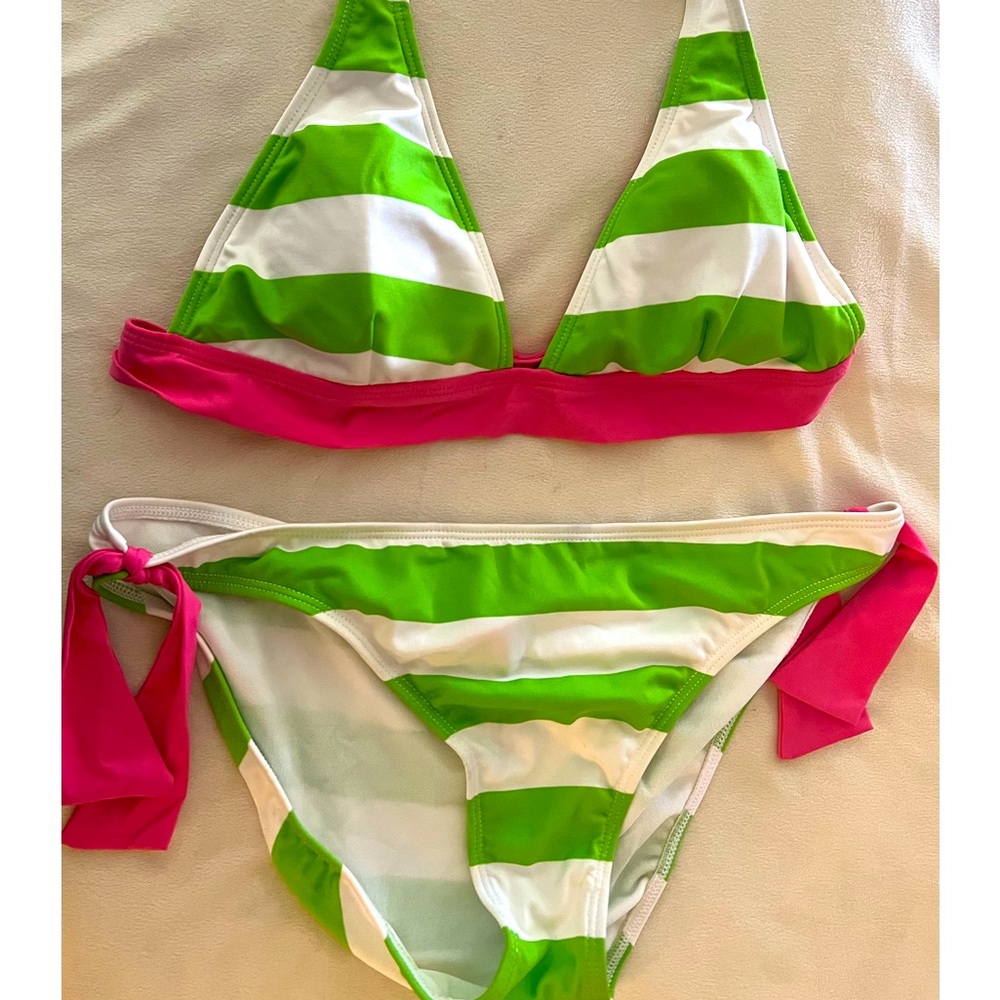 Two piece   green, & white pink trim